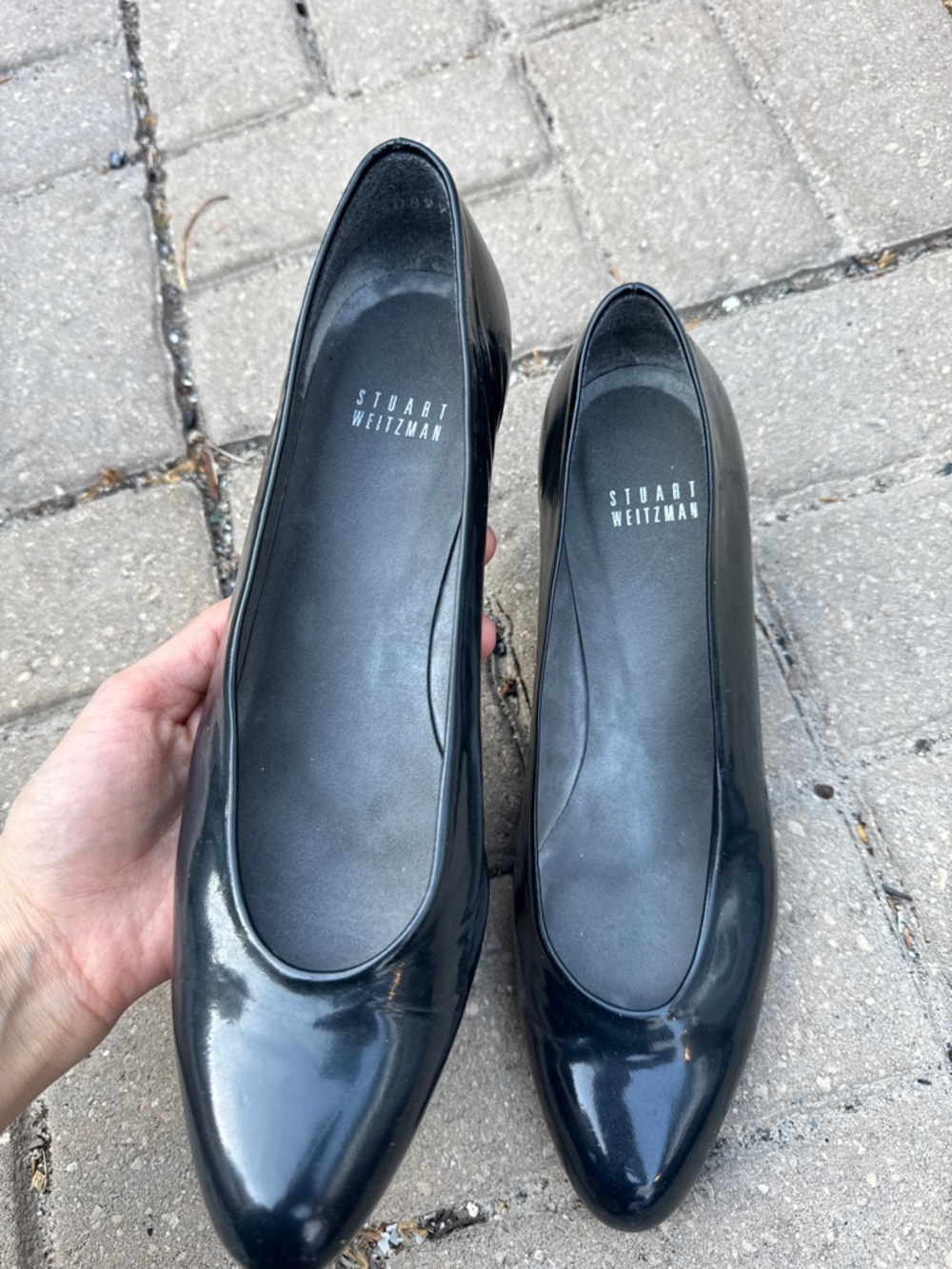 Stuart Weitzman Black Patent Leather Round-Toe Heels